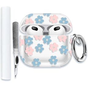for AirPods 4(4th Generation) Wireless Earbuds Case 2024 Upgraded Version,WUNIAK Shiny Flowers Soft TPU Protective Cover with Keychain and Cleaner Kit for Women Men Shockproof Skin,Blue&Pink