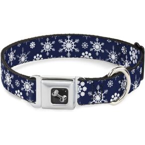 Dog Collar Seatbelt Buckle Snowflakes Blue White 15 to 26 Inches 1.0 Inch Wide