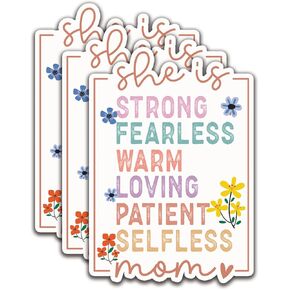 (5Pcs) She is Mom Strong Fearless Sticker Quotes Funny Sticker Motivational Quote Decal Waterproof Vinyl Stickers Adult for Laptop Kindle Car Tumbler Water Bottle Mug Phone Notebook Size 3"x2.1"