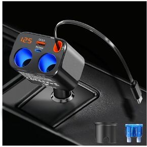 [Upgraded]Retractable Car Charger Qidoe 5 in 1 Cigarette Lighter Splitter Adapter with 2-Socket 300W, 30W Retractable Cable and 36W PD&QC3.0 Compatible with iPhone 16 15 Pro Max/14/13/12 Galaxy, Pixel
