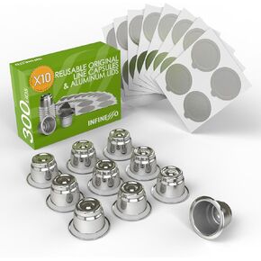 10pcs Reusable Capsules for Nespresso OriginalLine - 300pcs Foil Lids with 10pcs Refillable Coffee Pods Compatible for Nespresso OriginalLine Machine.