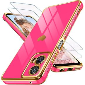 for Motoro Moto-G-5G-2024 Case with 2X Screen Protector,Girl Women Cute Girly Love-Heart Luxury Gold Soft Cover Camera Protection Bumper Silicone Shockproof Phone Case for Moto G 5G 2024(Hot Pink)