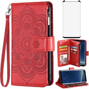Asuwish Compatible with Samsung Galaxy S8 Wallet Case and Tempered Glass Screen Protector Flower Leather Flip Card Holder Stand Cell Phone Cover for Glaxay S 8 Gaxaly 8S Edge SM-G950U Women Men Blue