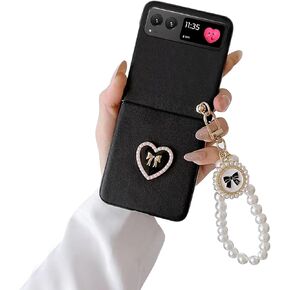 Case for Motorola Razr 2023, Cute Razr 2023 Case with Strap, Stylish Heart Design PU Leather Hard Protective Shookproof Flip Phone Case for Motorola Moto Razr 2023 (Black) in Kuwait