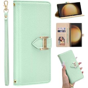 ZCDAYE for Samsung Galaxy S24 Case with Card Holder, Samsung S24 Wallet Phone Case Skin-Friendly Leather Elegant Wristle Strap Shockproof Flip Cover for Women Lady Girl, Green