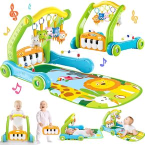 4-in-1 Baby Gym Play Mat with Learning Walker, Tummy Time Mat for Newborn Infant 0-3-6-9-12 Month Boy Girl, Babies Activity Center with Play Piano & Lights, Ideal Baby Toys Gifts Push Walkers