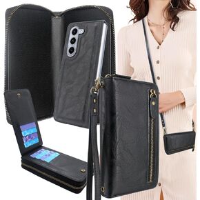 Lacass for Samsung Galaxy Z Fold 5 Z FOLD5 5G 2023 Case Crossbody Dual Zipper Detachable Magnetic Leather Wallet Cover Wrist Strap with 8 Card Slots (Black)
