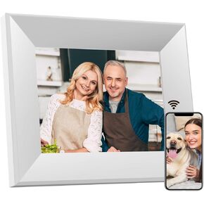 8-Inch Digital Picture Frame with WiFi, Wood Finish Frame Smart Digital Photo Frame HD IPS Touch Screen with 16GB Storage – Easy Photo & Video Sharing from Anywhere – Ideal Gift for Family, White