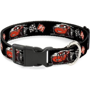 Buckle-Down "Cars 3 Lightning Caricature/Race Flags" Plastic Clip Collar, Black/White/Red, 1"/15-26"/Large