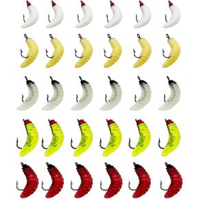 30pcs/Box 5 Colors PVC Maggots Fishing Baits Worms with 8# Hooks Glow Fishing Maggots/Grubs/Crappie Jigs Hooks for Trout, Crappie, Pan Fish, Bluegill