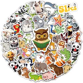 50 Pcs Cute Animal Water Bottle Stickers for Kids, Cartoon Animals Vinyl Waterproof Laptop Decals, Kawaii Animals Sticker Gifts Party Luggage Skateboard Mirror Phone Case Decoration