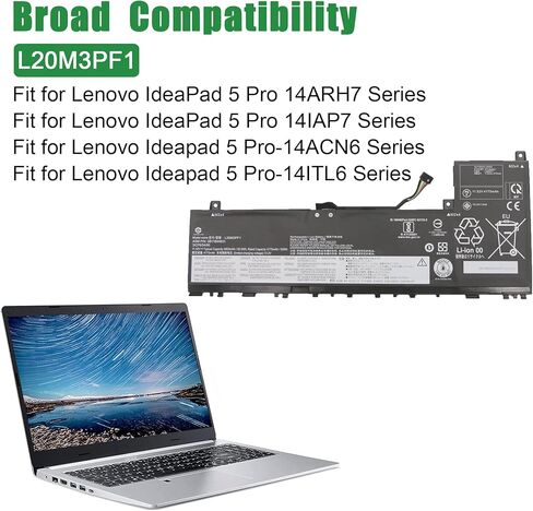 L20M3PF1 SB11B44631 5B11B44633 Laptop Battery Replacement for Lenovo IdeaPad 5 Pro 14ARH7 14IAP7 14ACN6 Series L20D3PF0 SB11B44634 5B11B44625 L20C3PF1 SB11B44632 5B11B44626 11.52V 56.5Wh in Kuwait