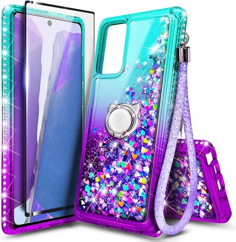 NZND Designed for Samsung Galaxy A03S Case, AO3S Phone Case, Glitter Liquid Floating Waterfall Girls Women Kids Cute Case with Tempered Glass Screen Protector/Ring Holder/Wrist Strap (Aqua/Purple) in Saudi Arabia