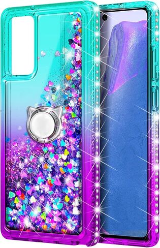 NZND Designed for Samsung Galaxy A03S Case, AO3S Phone Case, Glitter Liquid Floating Waterfall Girls Women Kids Cute Case with Tempered Glass Screen Protector/Ring Holder/Wrist Strap (Aqua/Purple) in Saudi Arabia
