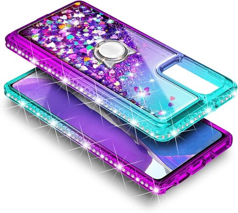 NZND Designed for Samsung Galaxy A03S Case, AO3S Phone Case, Glitter Liquid Floating Waterfall Girls Women Kids Cute Case with Tempered Glass Screen Protector/Ring Holder/Wrist Strap (Aqua/Purple) in Saudi Arabia