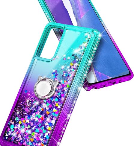 NZND Designed for Samsung Galaxy A03S Case, AO3S Phone Case, Glitter Liquid Floating Waterfall Girls Women Kids Cute Case with Tempered Glass Screen Protector/Ring Holder/Wrist Strap (Aqua/Purple) in Saudi Arabia
