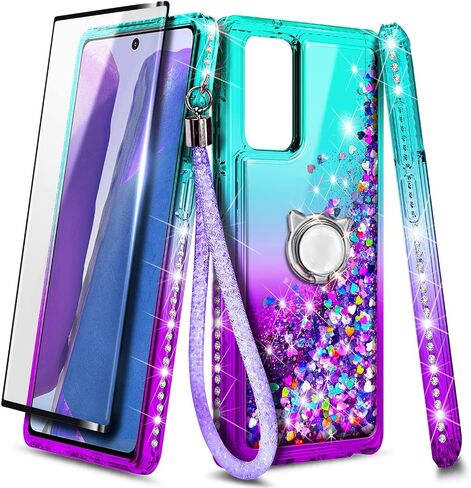 NZND Designed for Samsung Galaxy A03S Case, AO3S Phone Case, Glitter Liquid Floating Waterfall Girls Women Kids Cute Case with Tempered Glass Screen Protector/Ring Holder/Wrist Strap (Aqua/Purple) in Saudi Arabia