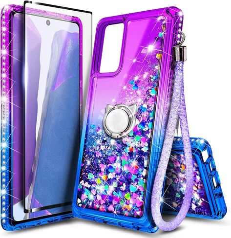 NZND Designed for Samsung Galaxy A03S Case, AO3S Phone Case, Glitter Liquid Floating Waterfall Girls Women Kids Cute Case with Tempered Glass Screen Protector/Ring Holder/Wrist Strap (Aqua/Purple) in Saudi Arabia