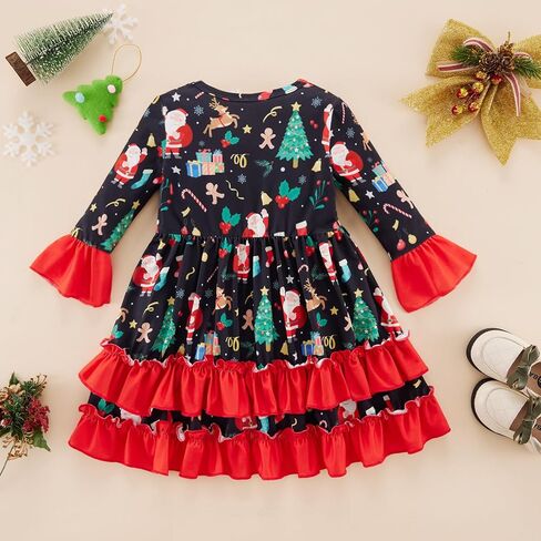 فستان عيد الميلاد للفتيات الصغيرات، فستان فتاة صغيرة بأكمام واسعة، رجل خبز الزنجبيل، سانتا كاندي، طباعة مكشكشة لعيد الميلاد in Kuwait