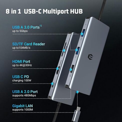 موزع USB C، محول USB C 8 في 1، شاشة مزدوجة 4K HDMI، قاعدة USB C لجهاز Mac Pro/Air (Ethernet، USB 2.0، 5 جيجابت في الثانية USB 3.0، 100W PD، قارئ SD/TF) لأجهزة Dell وSurface وHP in Saudi Arabia