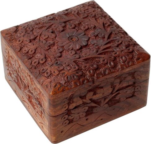 Beautifully Hand Craved Wooden Jewellary Organiser Box, Decorative Floral Design Wood Keepsake Box Multipupose (3x3x2.25 inches) in Saudi Arabia