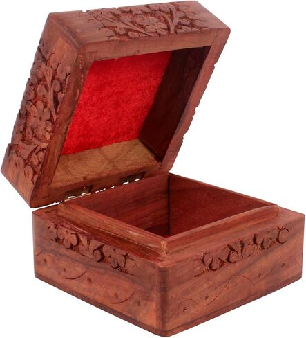 Beautifully Hand Craved Wooden Jewellary Organiser Box, Decorative Floral Design Wood Keepsake Box Multipupose (3x3x2.25 inches) in Saudi Arabia