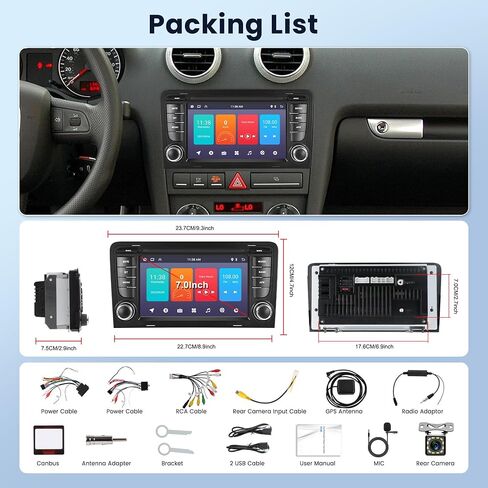 Android 13 Car Radio for Audi A3 S3 RS3 2003-2012 with Wireless Mirror Link Bluetooth Hands-Free, 7 Inch HD Touch Screen Car Stereo Supports WiFi, GPS, FM Radio, SWC, Double USB + Backup Camera in Saudi Arabia