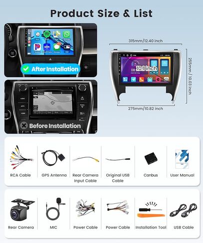 2G+64G Carplay Car Stereo Radio for Toyota Camry 2015 2016 2017, Rimoody Android 13 10'' HD Touchscreen GPS WiFi Andorid auto Mirror Link Bluetooth FM/RDS EQ SWC Split Screen Backup Camera in Kuwait