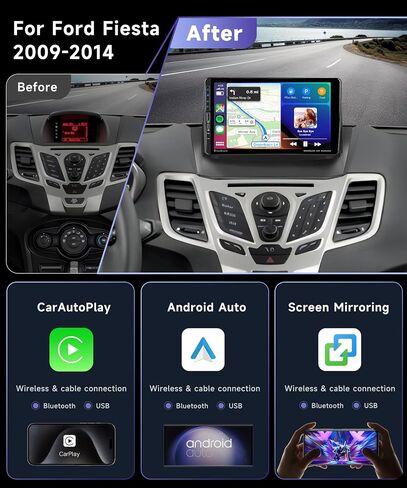 【8Core 4G 64G】 Car Stereo for Ford Fiesta 2009-2014 Radio with 9inch 1280X720P QLED Touchscreen//DSP 46EQ/Wireless CarPlay/Android Auto//Bluetooth 5.0/GPS/WiFi/AHD Backup Camera/MirrorLink in Saudi Arabia