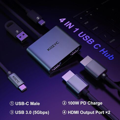 USB C to Dual HDMI Adapter 4K@60hz, Type C to HDMI Splitter Extended Display for MacBook/MacBook Pro Air Dell XPS13/15, Samsung Galaxy S9 [MST Mode (Extended displays) Only for Win OS], Dark Purple in Kuwait