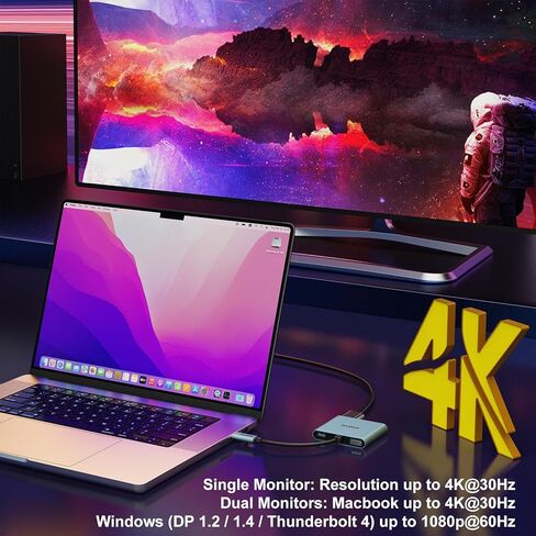 USB C to Dual HDMI Adapter 4K@60hz, Type C to HDMI Splitter Extended Display for MacBook/MacBook Pro Air Dell XPS13/15, Samsung Galaxy S9 [MST Mode (Extended displays) Only for Win OS], Dark Purple in Kuwait