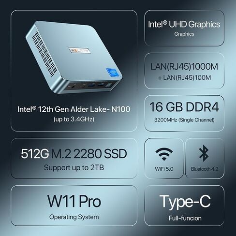 PELADN WI-6 Mini PC, 12th Gen - N100(up to 3.4GHz), 8GB DDR4 RAM 256GB M.2 PCIe SSD, Desktop Computer Support 4K Dual Display/USB3.2/WiFi 5/BT4.2 in Saudi Arabia