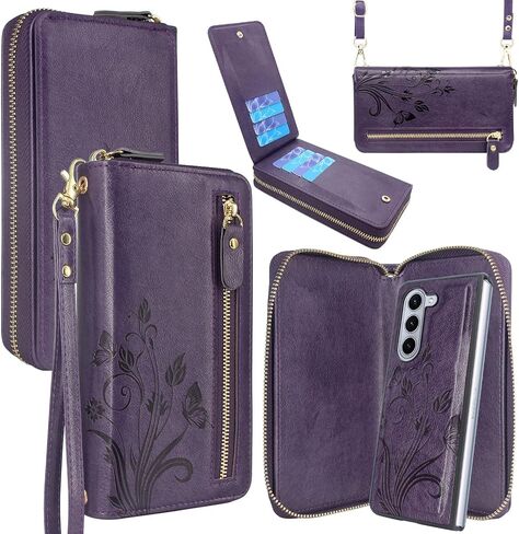 Lacass for Samsung Galaxy Z Fold 5 Z FOLD5 5G 2023 Case Crossbody Dual Zipper Detachable Magnetic Leather Wallet Cover Wrist Strap with 8 Card Slots (Black) in Saudi Arabia