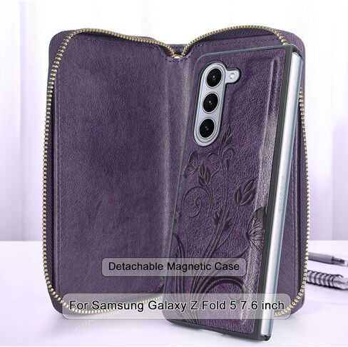 Lacass for Samsung Galaxy Z Fold 5 Z FOLD5 5G 2023 Case Crossbody Dual Zipper Detachable Magnetic Leather Wallet Cover Wrist Strap with 8 Card Slots (Black) in Saudi Arabia