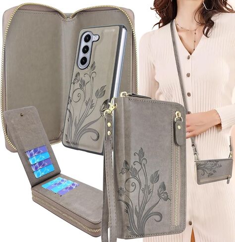 Lacass for Samsung Galaxy Z Fold 5 Z FOLD5 5G 2023 Case Crossbody Dual Zipper Detachable Magnetic Leather Wallet Cover Wrist Strap with 8 Card Slots (Black) in Saudi Arabia