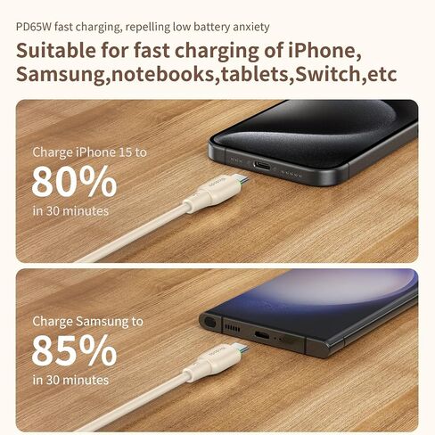 mcdodo USB C to USB C Charger Cable PD 65W 4ft Type C Fast Charging Cord Soft Flow Material USBC Charger for iPhone 15/15 Pro/15 Plus/15 Pro Max,Galaxy S23 Ultra,iPad and More(Off-White) in Saudi Arabia