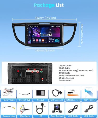 4G+64G Car Stereo for Honda CRV 2012-2016 Wireless Carplay Android Auto,9 inch 1280 * 720P IPS Touch Screen Radio, Android/GPS/WiFi/32EQ DSP Audio/Bluetooth 5.0/SWC/Backup Camera in Saudi Arabia