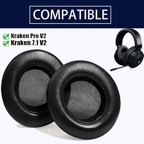 وسائد أذن بديلة لسماعات Razer Kraken Pro V2، Razer Kraken 7.1 V2 وسادات أذن وسائد أذن وسماعات رأس وأغطية أذن بيضاوية من إسفنج الذاكرة من الجلد البروتيني (أسود) in Kuwait