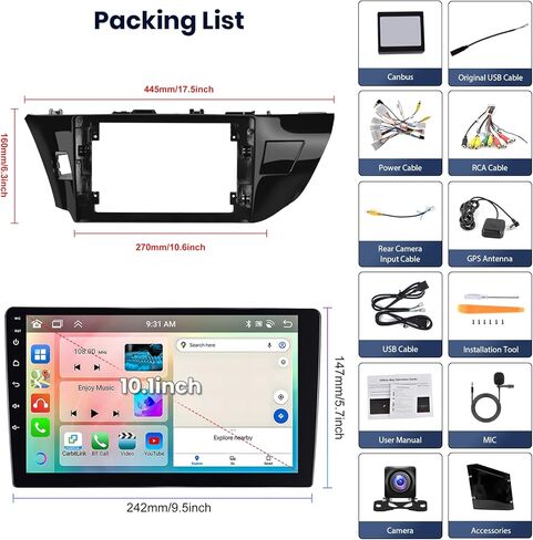 Hodozzy 4G+64G 8 Core Android Car Stereo for Toyota Corolla/Levin 2014 2015 2016 2017 مع Carplay اللاسلكي وAndroid Auto، راديو سيارة بشاشة تعمل باللمس 10 بوصة مع GPS، بلوتوث، WIFI، وصلة مرآة، FM، كاميرا in Kuwait