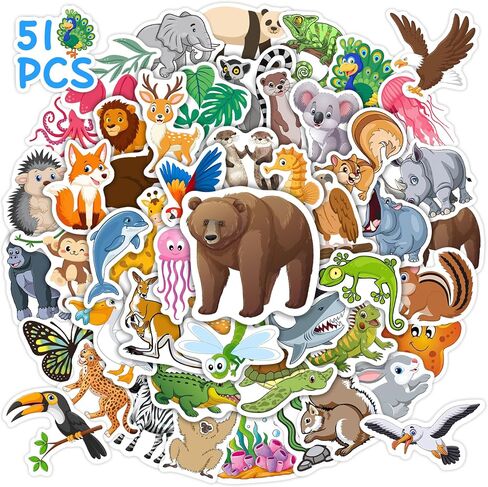 50 Pcs Cute Animal Water Bottle Stickers for Kids, Cartoon Animals Vinyl Waterproof Laptop Decals, Kawaii Animals Sticker Gifts Party Luggage Skateboard Mirror Phone Case Decoration in Saudi Arabia