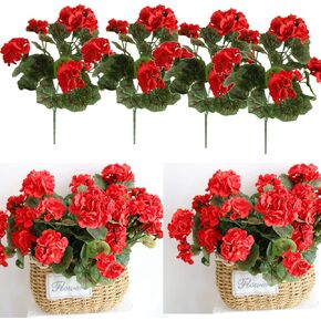 Artificial Flowers Geranium Bush Begonia Silk Flowers for Outdoor Indoor Artificial Plant Flowers for Patio Lawn Garden Decor (4PCS Red)