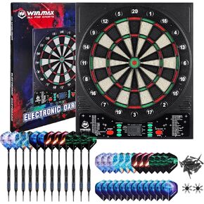 WIN.MAX Electronic Dart Board, LED Display Automatic Scoring Dartboard Sets for Adults with 12 Darts 100 Soft Tips, Dart Board Electronic Scoreboard, Power Adapter