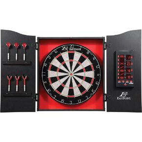 EastPoint Sports Tournament Bristle Dartboard and Easy Hang Cabinet with Electronic Scoreboard and 6 Steel Tip Darts