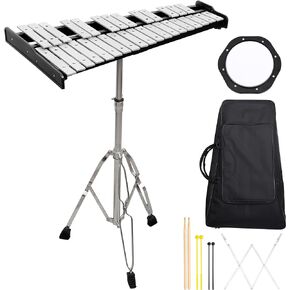 Glockenspiel Bell Kit 32 Notes,Xylophone Bell Kit with 8"Drum Practice Pad,Adjustable Height Stand,Music Sheet Clip,Glockenspiel Mallets,Drumsticks and Carrying Bag,for School Band Beginner Student