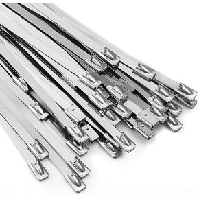 Metal Zip Ties 11.8 inch 100pcs 304Stainless steel Heavy duty Multi-purpose Self-locking Cable Ties Suitable for in machinery, vehicles, farms, pipes, roofs,cables, as well as Outdoor binding