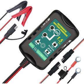 12V / 6V Battery Trickle Charger Maintainer, 1.5A Automatic Smart Float Charger Battery Charger for Motorcycle Lawn Mower Car Boat Tractor ATV, SLA VRLA Gel Cell AGM Lead Acid Batteries