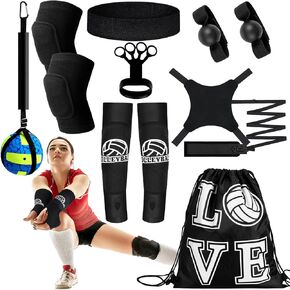 8 Set Volleyball Training Equipment Aid Solo Volleyball Trainer Kit, Include Elastic Volleyball Resistance Belt Set Volleyball Spike Trainer Hand Straps Arm Sleeves Knee Pads Backpack Headband