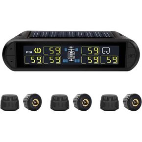 B-Qtech RV Tire Pressure Monitoring System Solar Powered High Brightness Adjustable TPMS (0~199PSI) for Trailer Travel Motorhome 6 Sensors, 5 Alarm Modes Pressure Temperature Real-time Monitor System