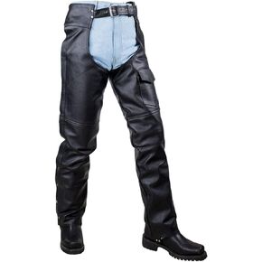 Motorcycle Leather Chaps for Men Biker Riding Cowboy Chaps Black Multi-Pocket Bottomless Pants with Zipout Liner