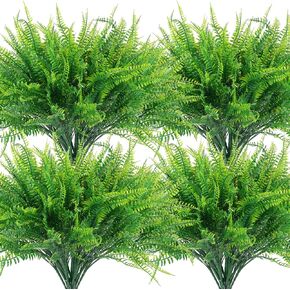 Hananona 12 Pcs Artificial Outdoor Plants Fake Boston Fern Stems, UV Resistant Faux Artificial Plants Shrubs Outdoors Plastic Plant Bulk for Hanging Planter Porch Window Home Decor (12, Green)